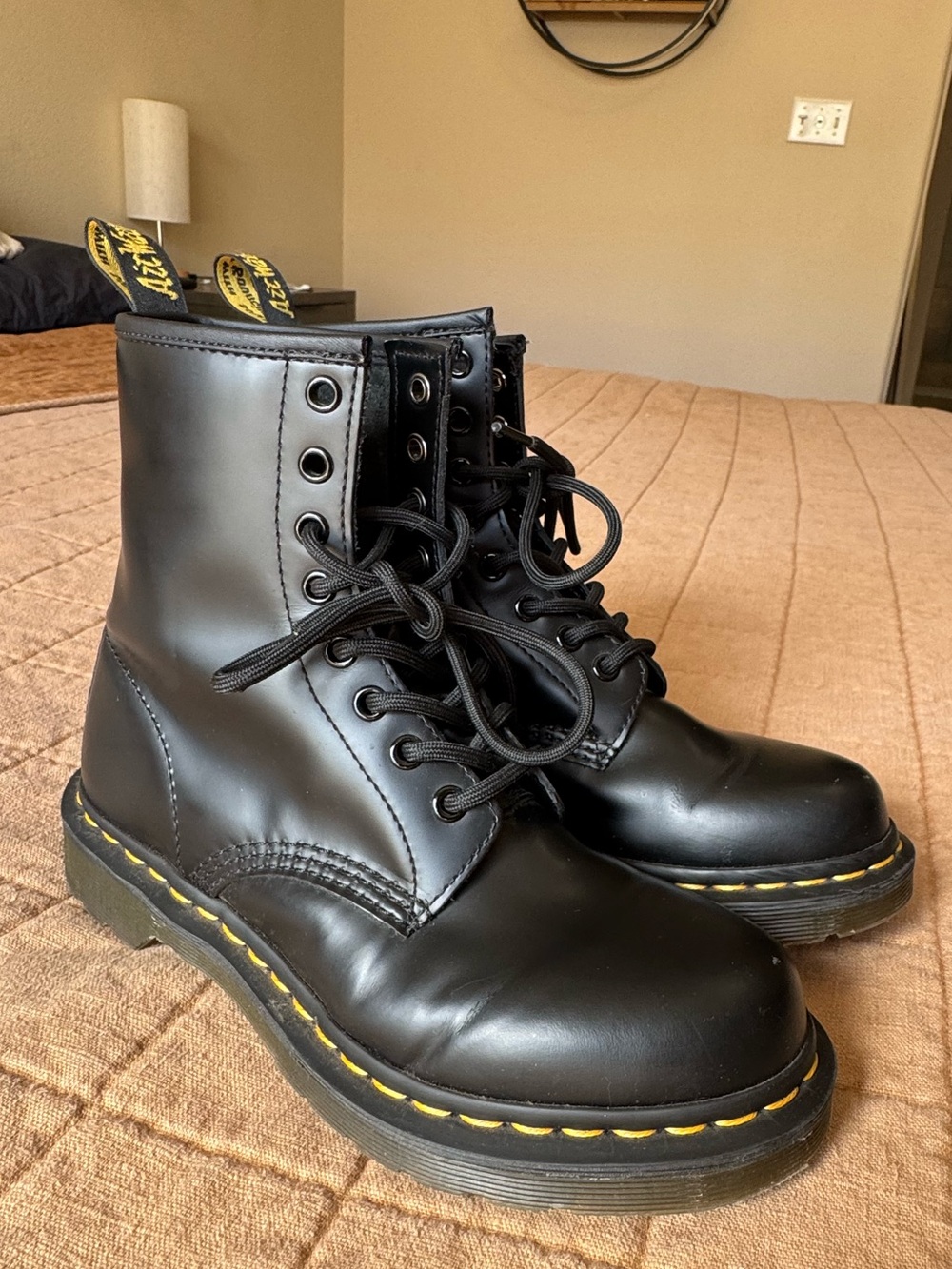 Dr. Martens Black Leather 8-Eye Lace-Up Boots with Yellow Stitching